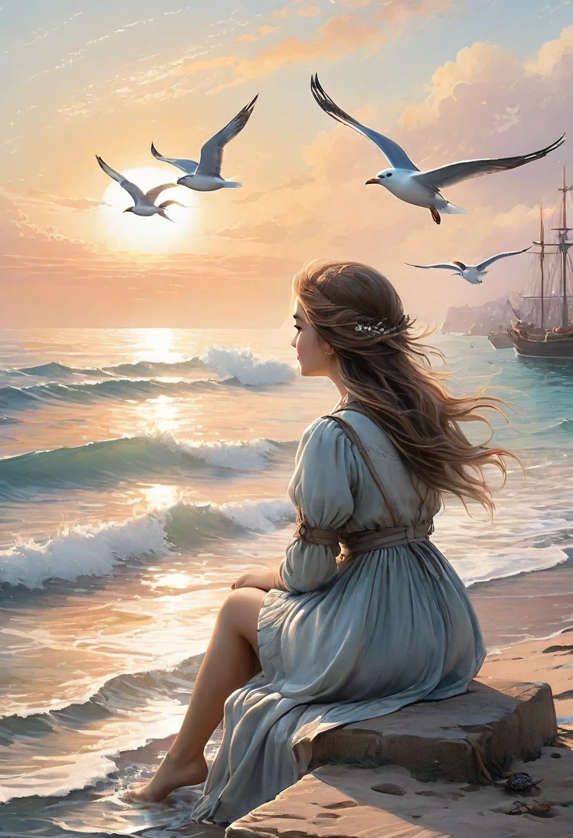 a sense of depth and intrigue, digital brushstrokes, soft lighting,
surrealism, a girl is sitting on the seashore,seagulls are flying around,back view, hyperrealism, Aivazovsky-style sea view, vintage photo,real life,sunset pinkish sun,high quality,high resolution,hyperdetalization,aesthetically pleasing, saturated tones, filigree, the finest rendering of every detail, noble colors and shades
style of Jean Baptiste Monge, Thomas Kinkade, David Palumbo, Carn Griffiths