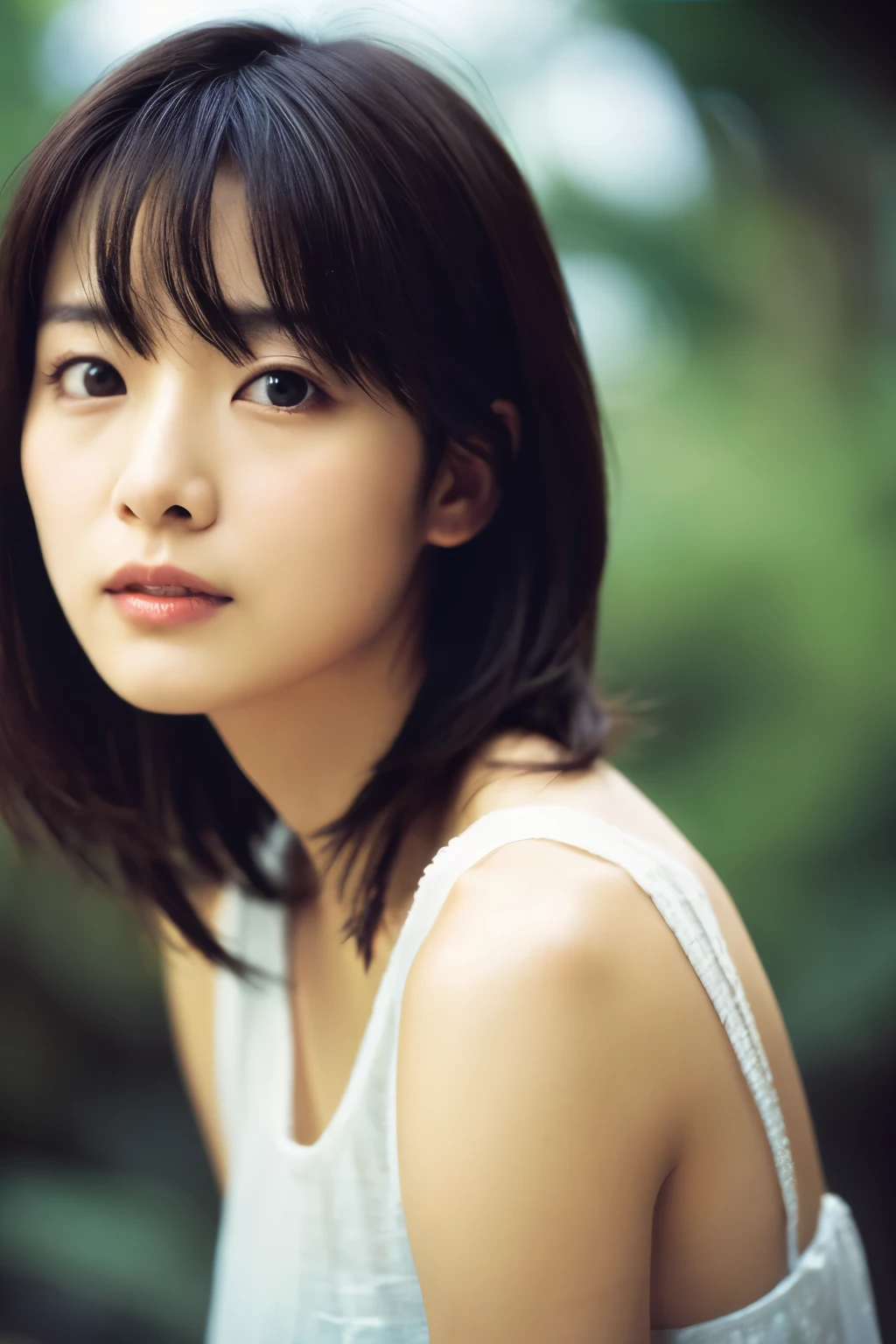 movie, film portrait photography, Hosomi Japanese woman, 30 years old, bare shoulders, wavy shoulder-length hair, calm, Calm, (realistic detailed eyes, natural skin texture, realistic facial details), soft and dramatic lighting, Depth of bounds written, Bokeh, vivid details, in detail, surreal, 35mm film, hazy blur