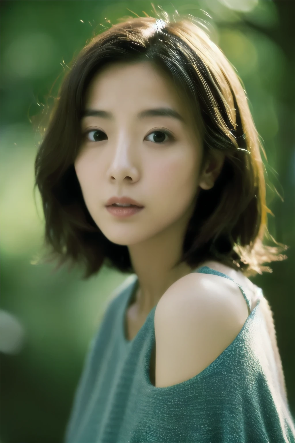 movie, film portrait photography, Hosomi Japanese woman, 30 years old, bare shoulders, wavy shoulder-length hair, calm, Calm, (realistic detailed eyes, natural skin texture, realistic facial details), soft and dramatic lighting, Depth of bounds written, Bokeh, vivid details, in detail, surreal, 35mm film, hazy blur