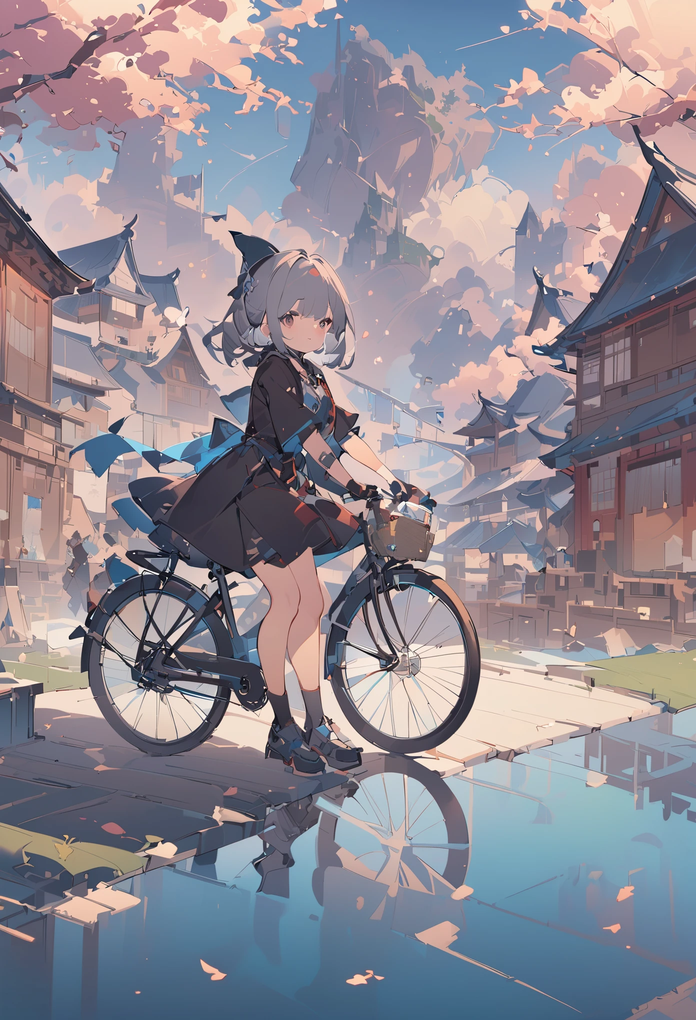 a girl is sitting on a bicycle next to a pond, in the style of kawacy, media intrusion art, chaotic environments, cherry blossoms, webcam photography, light red and dark gray, made of all of the above, beautiful scenery, depth of field, fantasy, fantastic