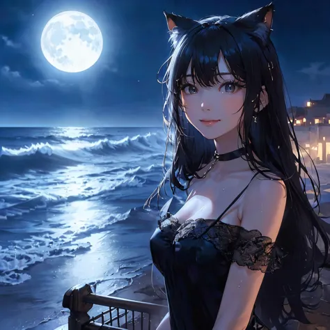 beautiful moonlit night seaside, waves illuminated by moonlight, calm and quiet waves、very beautiful cat ears woman looking at y...