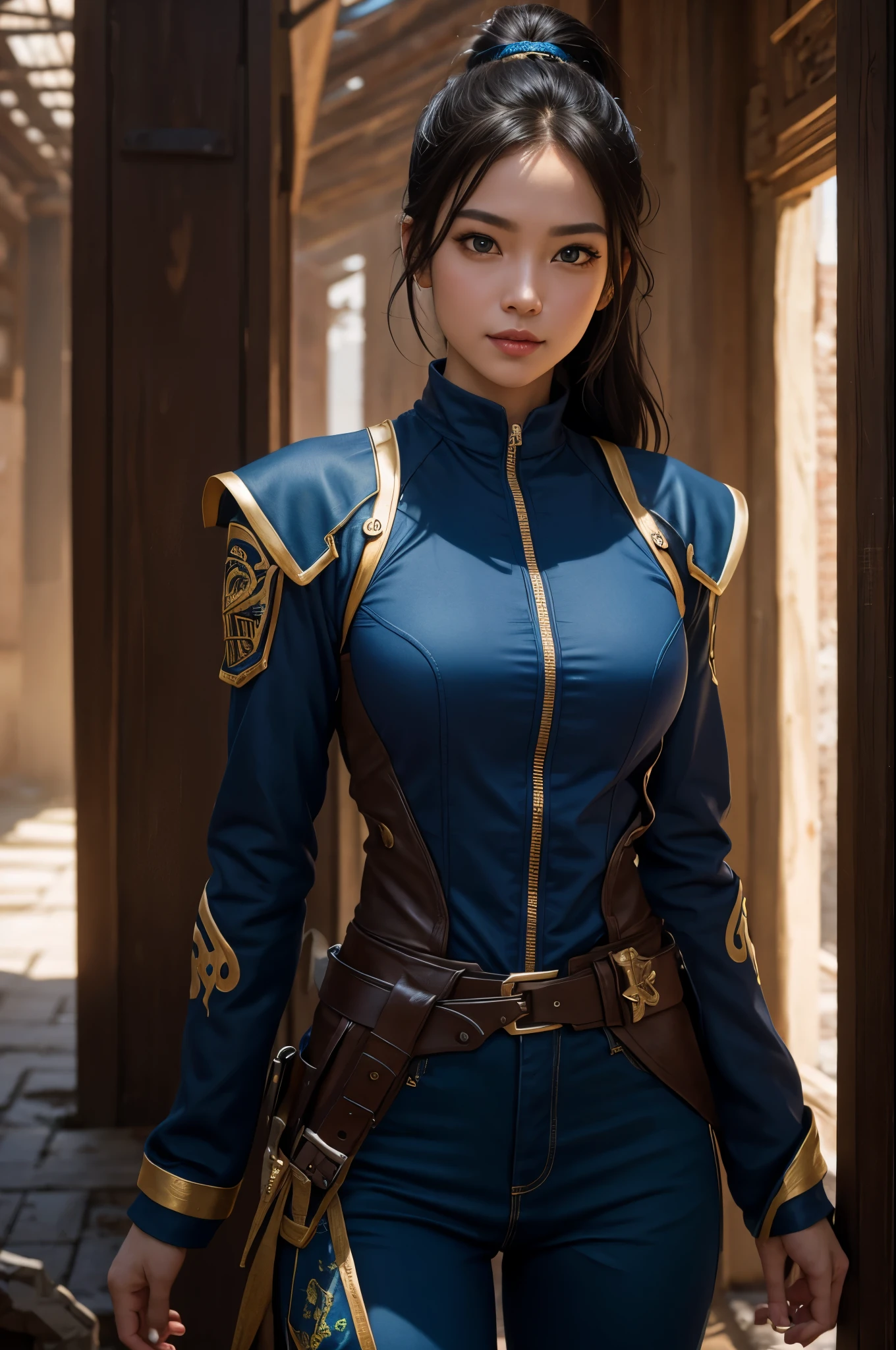 8K,The younger sister of twin sisters wearing casual clothes,Super beautiful(like the real thing),super realistic skin,My sister is tall and has a muscular, slim body.,Violent and strongly cracked abdominal muscles,small breasts,blue sexy combat uniform,Big eyes,black eyes,Light brown-haired ponytail,fancy makeup,blue combat pants,blue jacket,smile,masterpiece,Photorealistic RAW photos of the highest quality。bright colors,rich colors, Backlight, cinematic lighting, film grain, to be born, 50mm lens, Nikon D850,detailed character art,fantasy art,ultra high resolution,super realistic skin,Perfect hand shape,In front of the abandoned temple,beautiful expression,Blue Gauntlet,