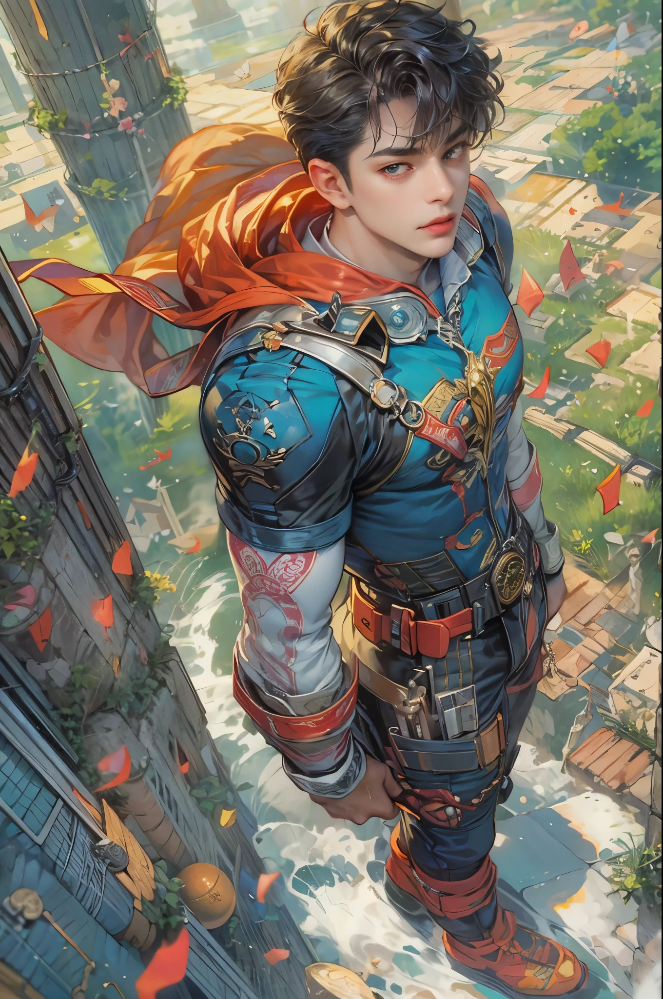 ((Best quality)), ((masterpiece)), (detailed), ((perfect face)), ((halfbody)) handsome face, male, teen boy,  perfect proportions , a male hero of the character from DC comics in a colorful outfit, detailed scenery background 