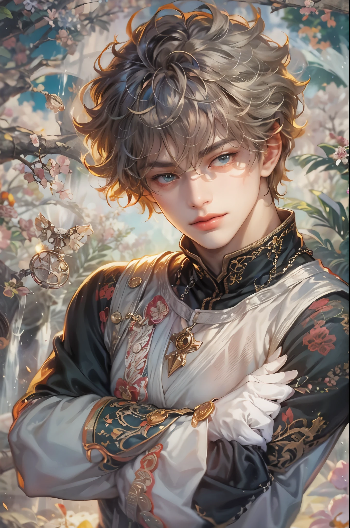 ((Best quality)), ((masterpiece)), (detailed), ((perfect face)), ((halfbody)) handsome face, male, teen boy,  perfect proportions , a male version of the character from Black Clover anime, colorful outfit, detailed scenery background 