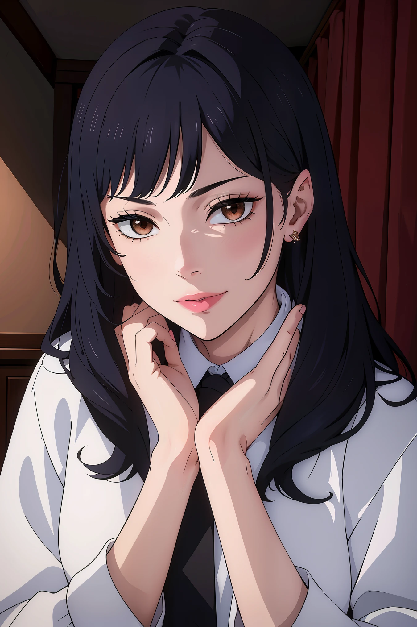 Cute girl, beautiful black hair, wearing a formal suit, tie, big chest, sexy, lipstick, (best quality,4k,8k,highres,masterpiece:1.2), ultra-detailed, (realistic,photorealistic,photo-realistic:1.37), vivid colors, studio lighting, portraits, sharp focus, (long, flowing) hair, elegant posture, confident smile, sparkling eyes, soft skin, (slight, subtle) blush on cheeks, graceful movement, (modern, contemporary) background, professional ambiance, (graceful, delicate) hands, fashionable accessories, (subtle, sophisticated) makeup, bright colored lips, (impeccable, impeccable) grooming, glamorous appearance.