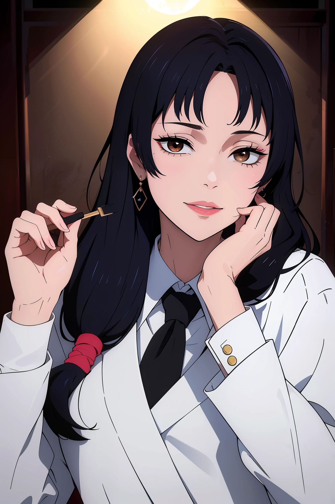 Cute girl, beautiful black hair, wearing a formal suit, tie, big chest, sexy, lipstick, (best quality,4k,8k,highres,masterpiece:1.2), ultra-detailed, (realistic,photorealistic,photo-realistic:1.37), vivid colors, studio lighting, portraits, sharp focus, (long, flowing) hair, elegant posture, confident smile, sparkling eyes, soft skin, (slight, subtle) blush on cheeks, graceful movement, (modern, contemporary) background, professional ambiance, (graceful, delicate) hands, fashionable accessories, (subtle, sophisticated) makeup, bright colored lips, (impeccable, impeccable) grooming, glamorous appearance.