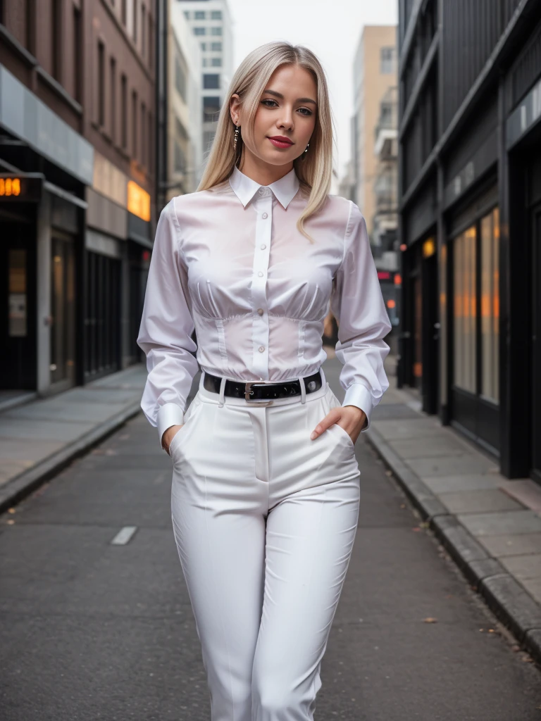 beautiful photograph of a smart looking office lady, solo, outdoors, standing against a midnight city skyline at, street light alleyway wearing a (white collared shirt), fine fabric emphasis, perfectly defined button detailing, (((black high-waisted pants))), belt, diamond stud earrings, (long sleek back, platinum blonde hair), stunning brown eyes, freckles, ((cheeky sensual smile)), slender figure, full body shot, photographed on a Fujifilm XT3, 80mm F/1.7 prime lens, cinematic film still, cinestill 500T, highly detailed, highest quality, intricately detailed, HDR, photorealistic, masterpiece, 8k, uhd, award winning