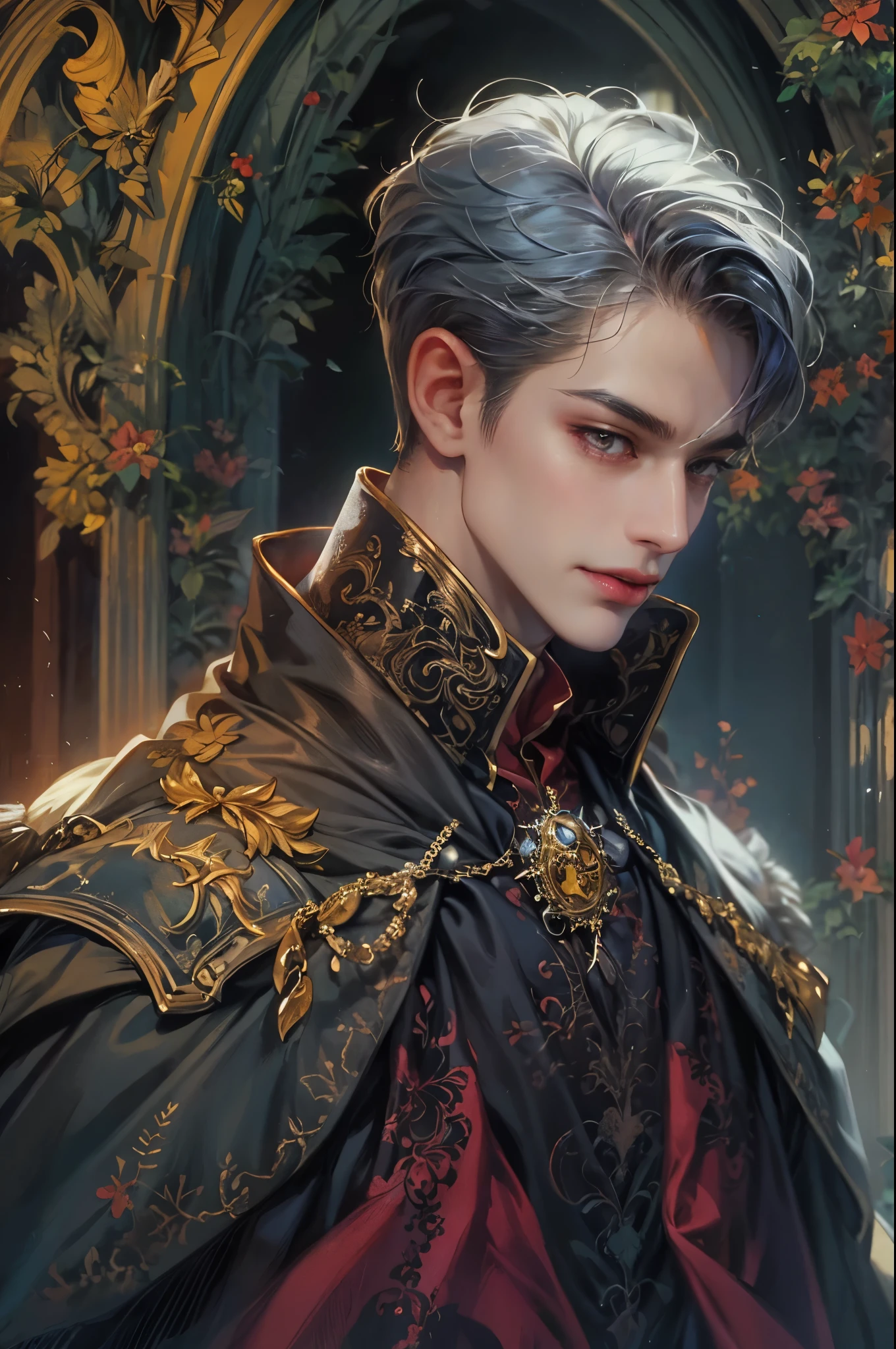 ((Best quality)), ((masterpiece)), (detailed), ((perfect face)), ((halfbody)) handsome face, male, teen boy,  perfect proportions , a male character hero from vampire saviour comics in a colorful outfit, succubus, incubus, vampire, dark cape, dark castle, detailed scenery background 