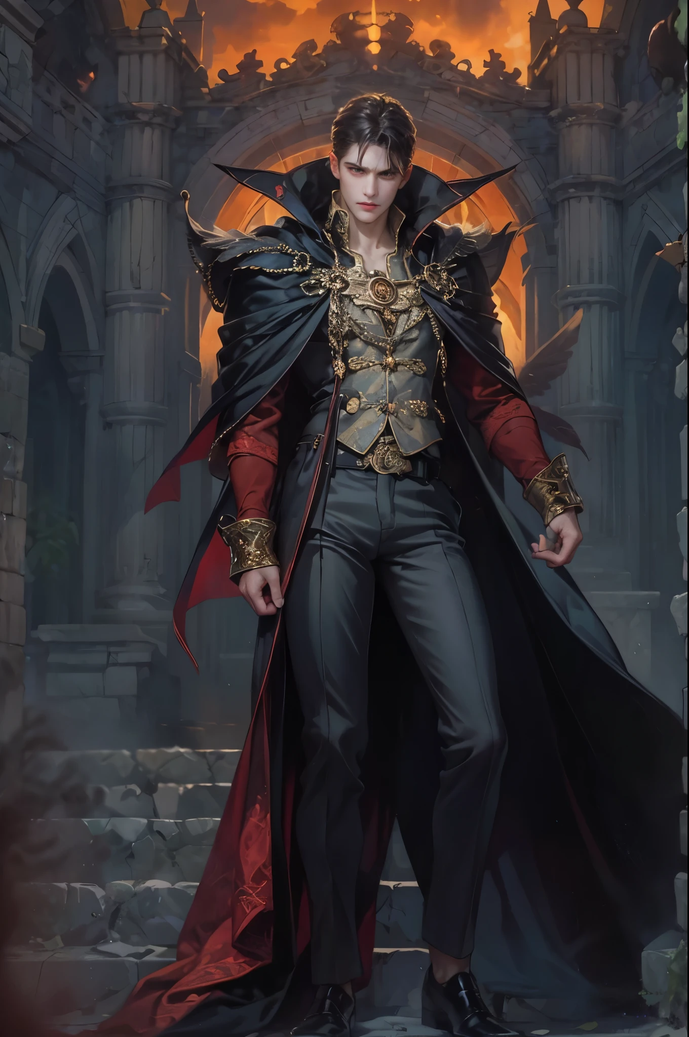 ((Best quality)), ((masterpiece)), (detailed), ((perfect face)), ((halfbody)) handsome face, male, teen boy,  perfect proportions , a male character hero from vampire saviour comics in a gnostic outfit, succubus, incubus, vampire, dark cape, dark castle, detailed scenery background 