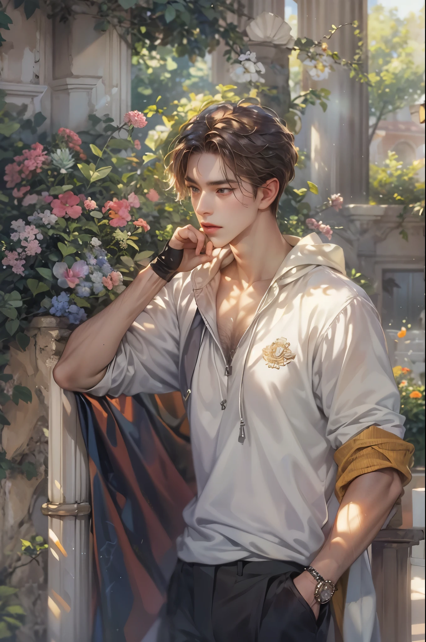 ((Best quality)), ((masterpiece)), (detailed), ((perfect face)), ((halfbody)) handsome face, male, teen boy,  perfect proportions , an artwork created by nardack, casual outfit, detailed scenery background 