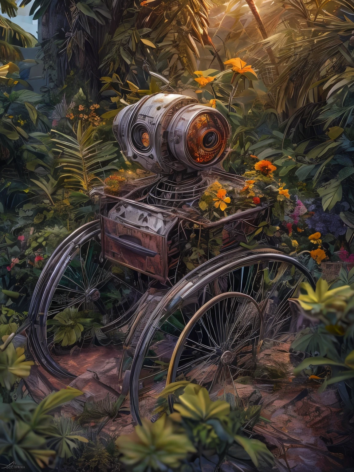 (La best quality,high resolution,super detailed,actual),Old abandoned robot in a wheelchair，covered with plants，（ （（sunrise））），light warm（ （（A masterpiece full of sunshine elements）））， （（best quality））， （（intricate details））（8k）