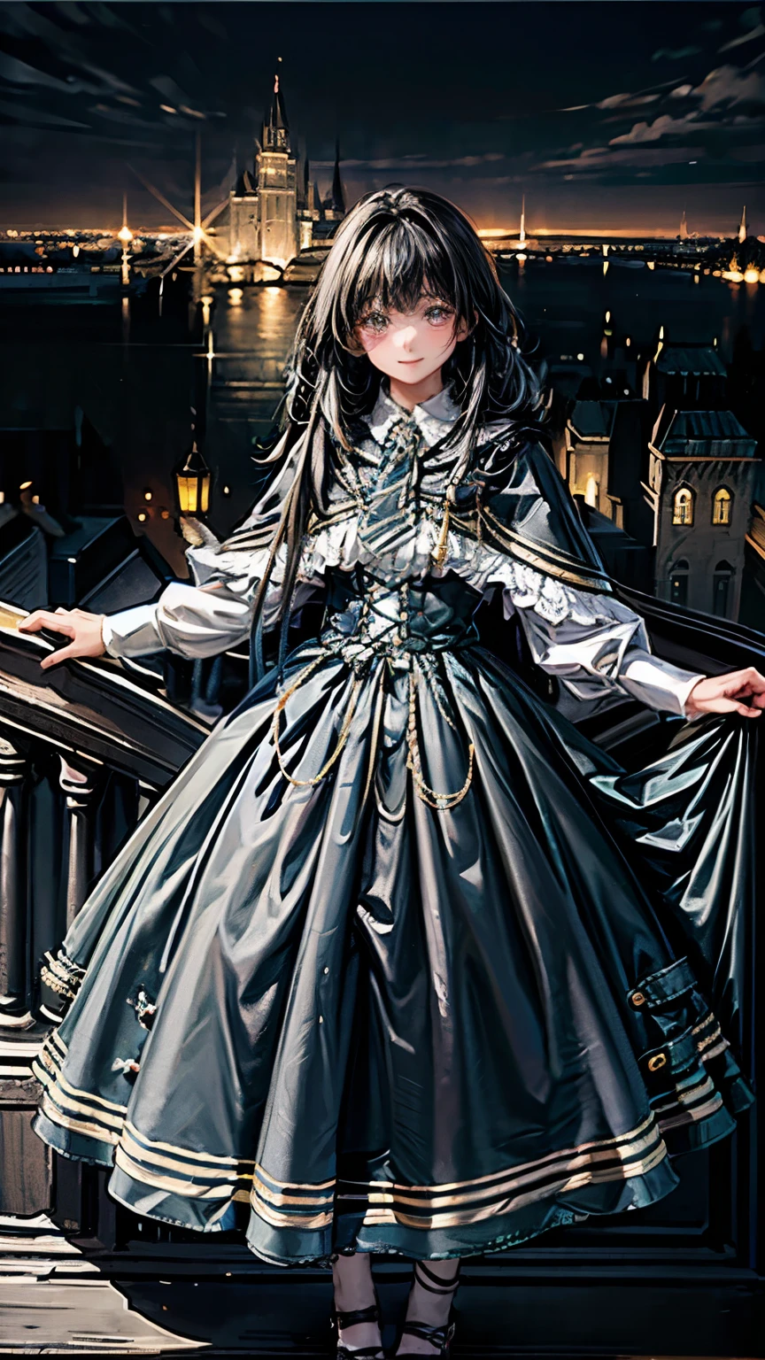 Aim from a little above,masterpiece, confused, incredibly confused, very detailed, highest quality, costume，dark blue dress, have, knee high, whole body, 1 girl, alone, black hair, light smile, looking at the viewer, detailed background, Are standing, at the castle, night, dramatic lighting, 