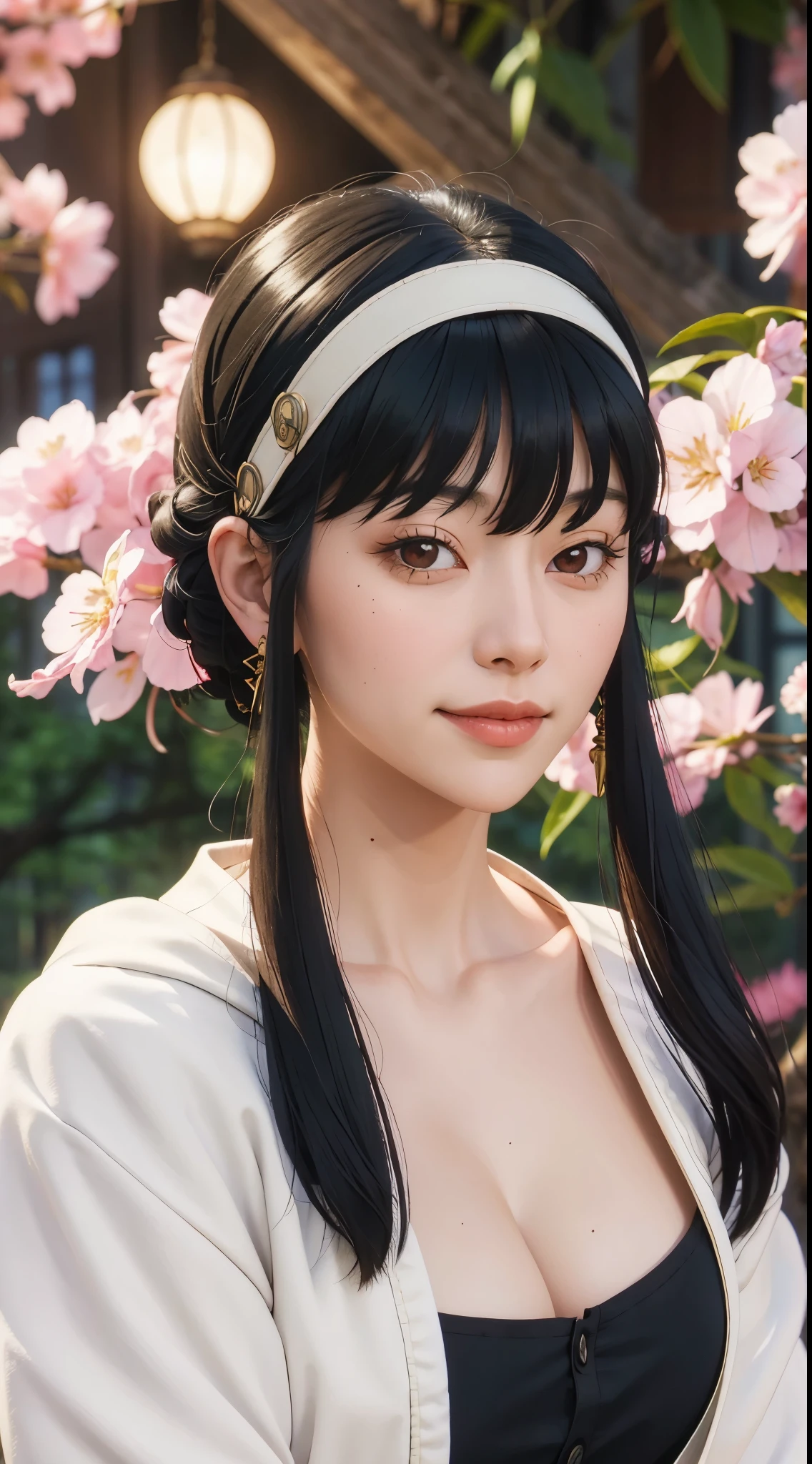 yor, Mature female,  bangs, side locks, Red eyes, Black hair, hair adornments，sportrait, (face:1.2), schoolgirls, ssmile,bare shoulders​, Black hair, cherry blossom, cleavage, (Robe:1.21), clavicle, Willow Branch, (masterpiece best quality :1.2),