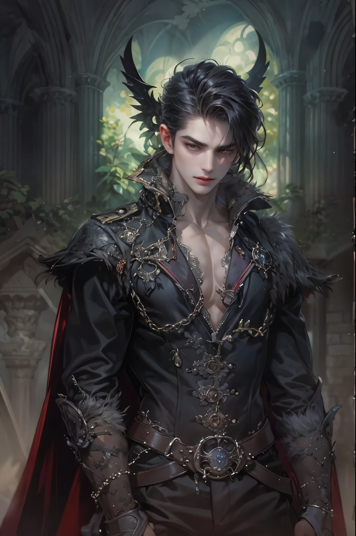 ((Best quality)), ((masterpiece)), (detailed), ((perfect face)), ((halfbody)) handsome face, male, teen boy,  perfect proportions , a male character hero from vampire saviour comics in a gnostic outfit, succubus, incubus, vampire, dark cape, dark castle, detailed scenery background 