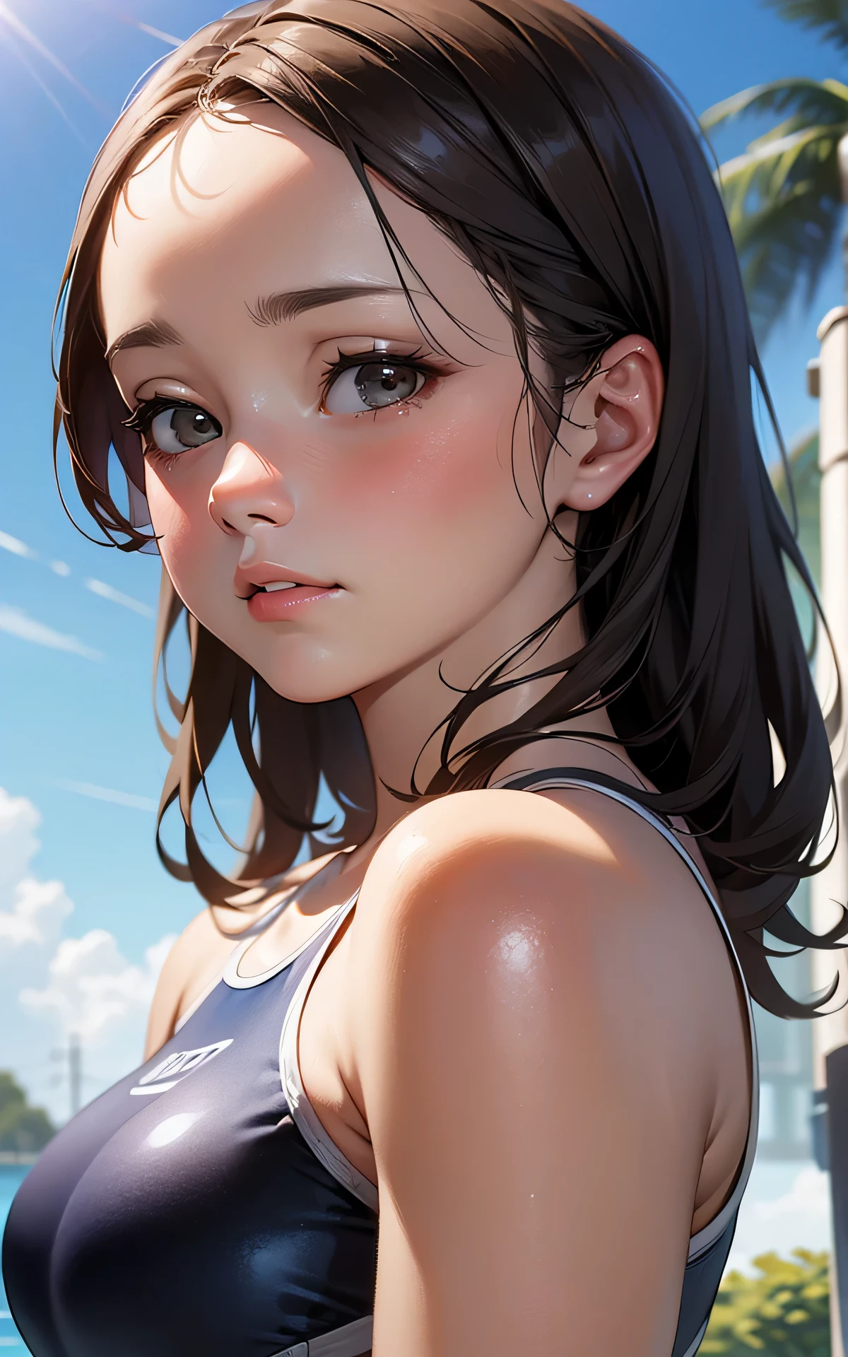 absurderes:2.0、(racing swimsuit)、realistic, Unity 8K Wallpaper, Masterpiece, Realistic face, Realistic skin feeling ,detailed hair, highly detailed, realistic glistening skin, Cute Girl, Perfect face, charming face, Glossy skin, forehead,(), embarrassed, light brown hair、outdoor
