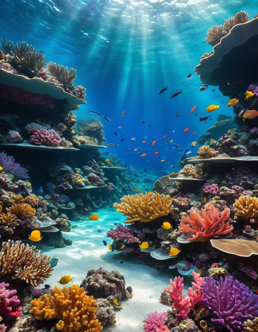 A fascinating underwater scene showcasing marine diversity and a striking Tyndall effect, where light shines through crystal clear waters, illuminating sea turtles and coral formations