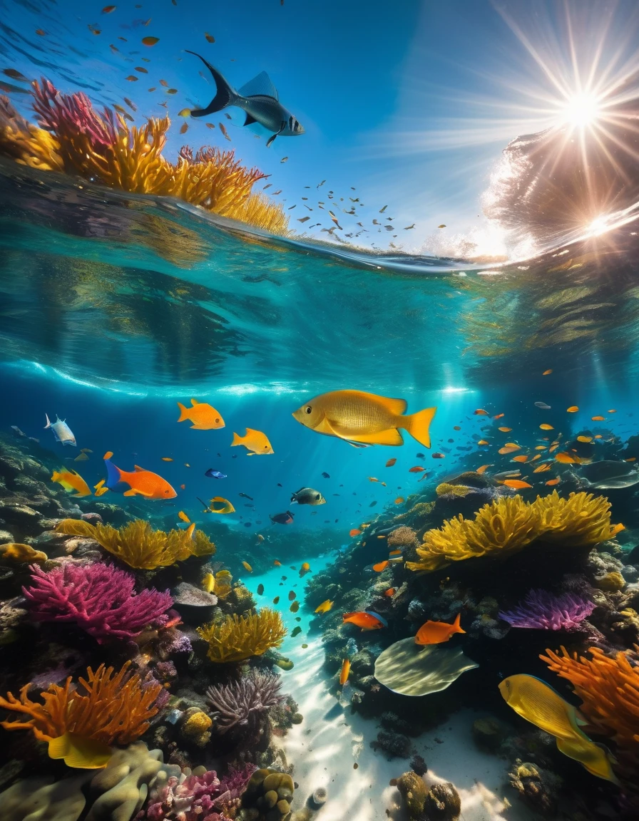 A fascinating underwater scene showcasing marine diversity and a striking Tyndall effect, where light shines through crystal clear waters, illuminating sea turtles and coral formations