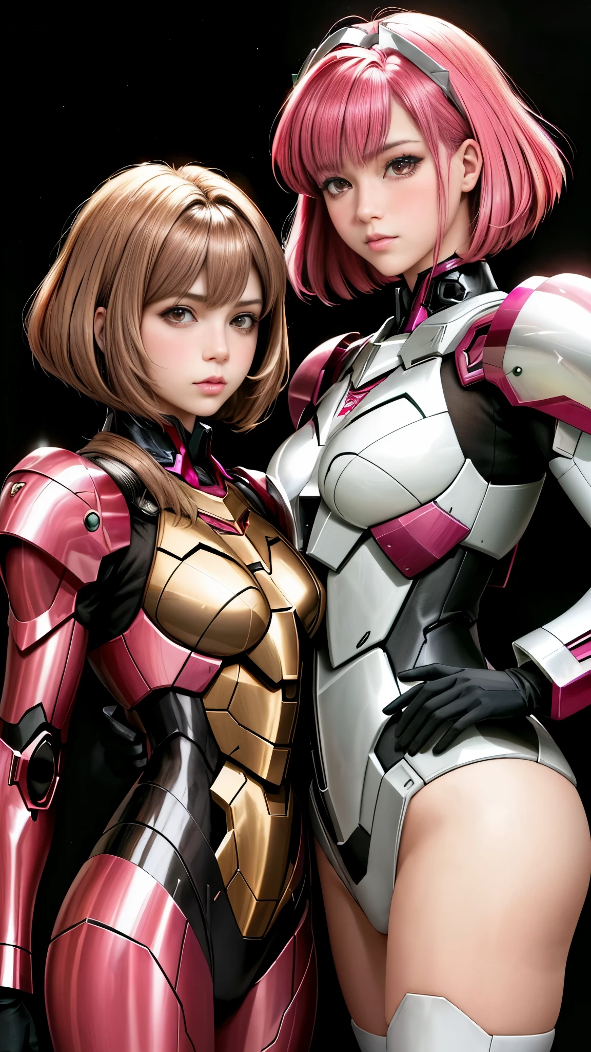 Photo of two realistic black Sazabi girls，Shortcut Bob Cut，I have a lot of hair，brown eyes，Hair color is bright pink，cool look，background is gray，16 year old daughter of Haman Khan and Char Aznable.