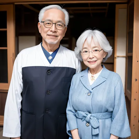 two old men and a woman,male dong&#39;Do not wear glasses,smile at the camera, 60mm portrait, Japanese face 70 years old, 70 yea...