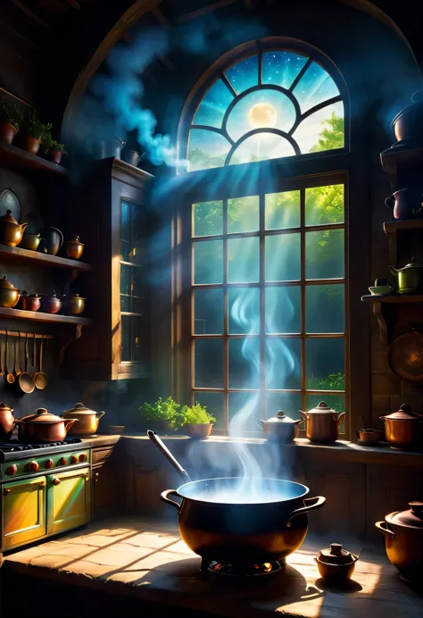 ((Tyndall effect,dark,darkness,Moonlight shining through the window:diagonally)),A large pot with steam rising up,Light and shad...