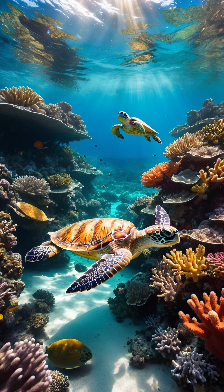 A fascinating underwater scene showcasing marine diversity and a striking Tyndall effect, where light shines through crystal clear waters, illuminating sea turtles and coral formations