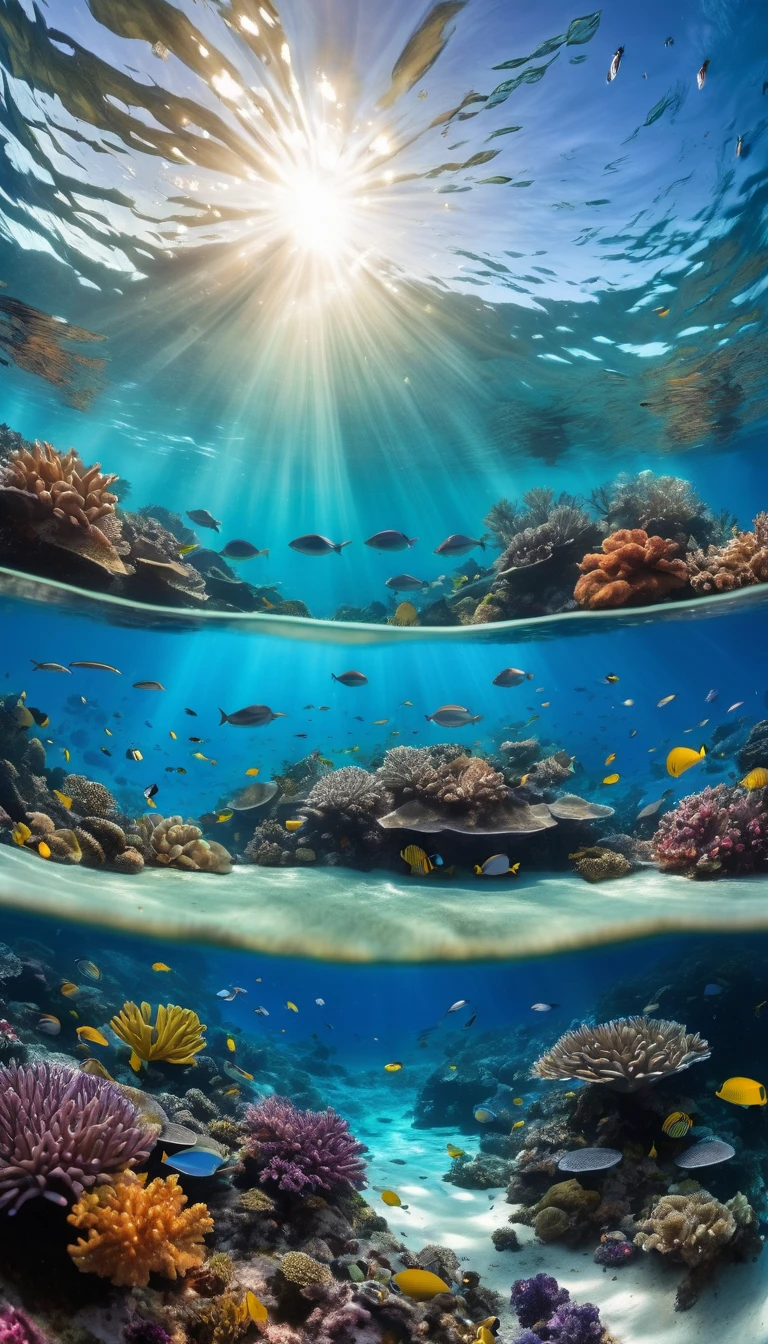 A fascinating underwater scene showcasing marine diversity and a striking Tyndall effect, where light shines through crystal clear waters, illuminating sea turtles and coral formations