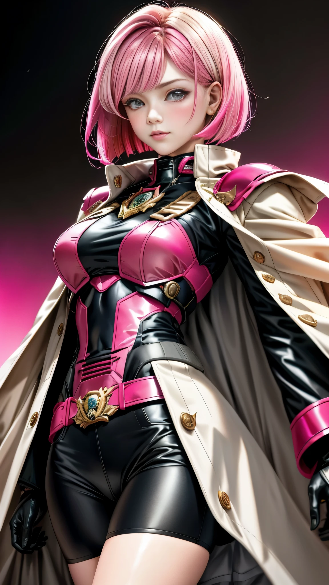 Realistic Red Sotheby Girl Photo，short bob cut，Her hair color is bright pink and has a gradation with blonde.，cool look，background is gray，Coat of arms of the Principality of Zeon，The 16-year-old daughter of Hamankarn and Char Aznable.，