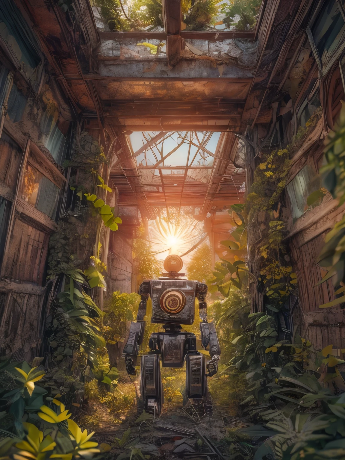 (La best quality,high resolution,super detailed,actual),dilapidated abandoned robot，covered with plants，The sun shines on the robot（ （（sunrise））），light warm（ （（A masterpiece full of sunshine elements）））， （（best quality））， （（intricate details））（8k）