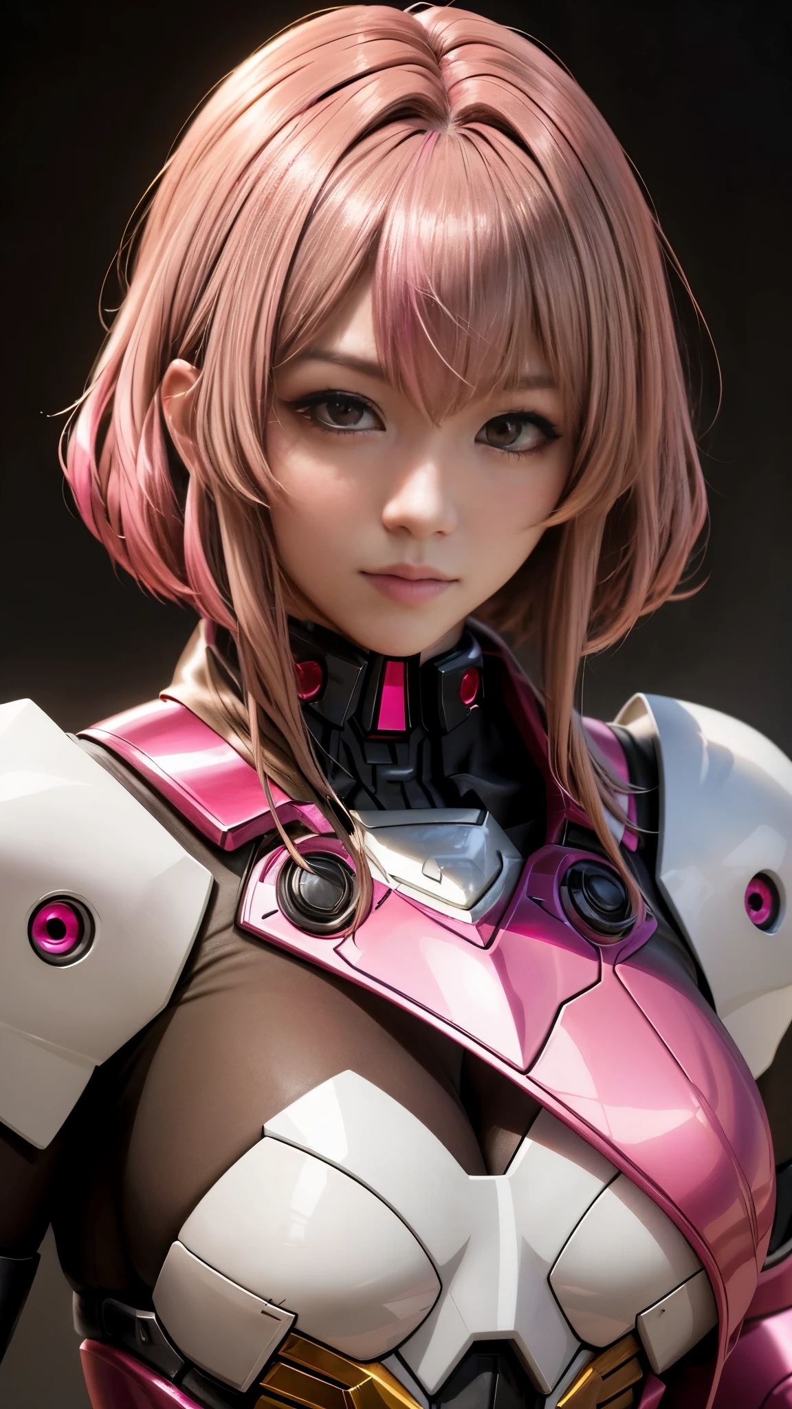 Photo of two realistic black Sazabi girls，Shortcut Bob Cut，I have a lot of hair，brown eyes，Hair color is bright pink，cool look，background is gray，16 year old daughter of Haman Khan and Char Aznable.