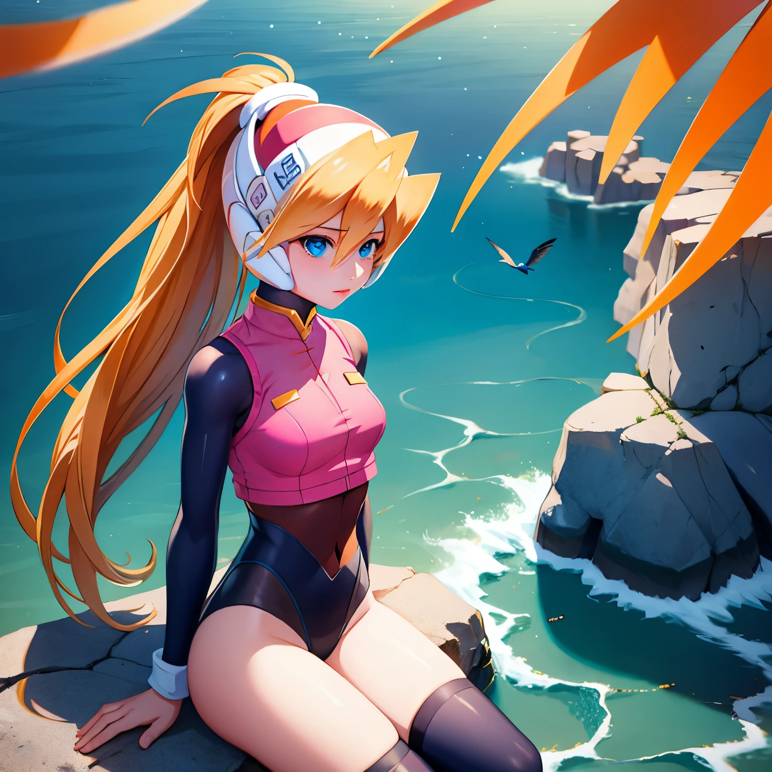 ciel_megamanz, 1girl, solo, long hair, blue eyes, blonde hair, ponytail, headgear, masterpiece, high quality, overlooking the ocean on the edge of a rock, in the style of avian-themed, realistic yet stylized, villagecore, azure, orange and azure, dragoncore, aerial view