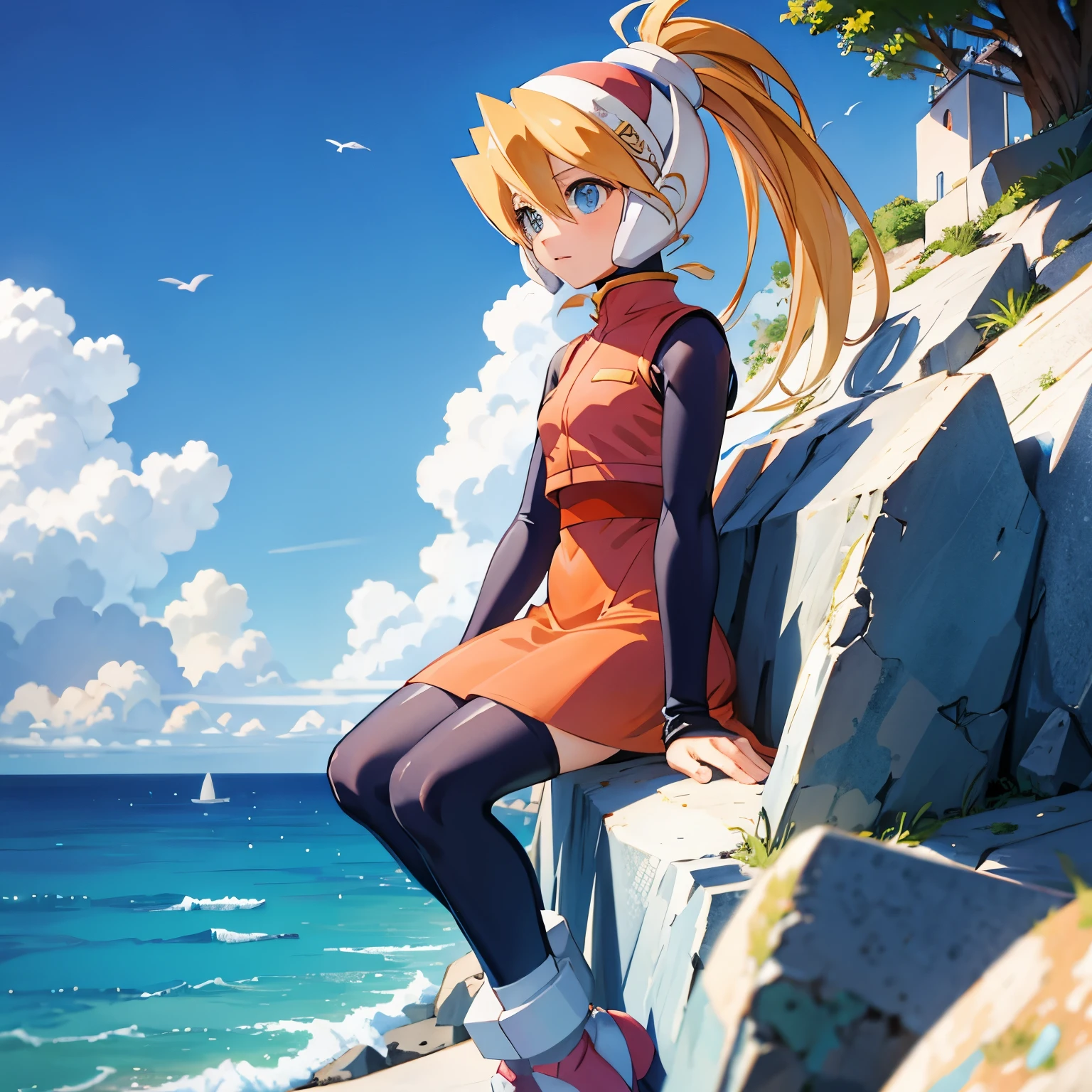 ciel_megamanz, 1girl, solo, long hair, blue eyes, blonde hair, ponytail, headgear, masterpiece, high quality, overlooking the ocean on the edge of a rock, in the style of avian-themed, realistic yet stylized, villagecore, azure, orange and azure, dragoncore, aerial view