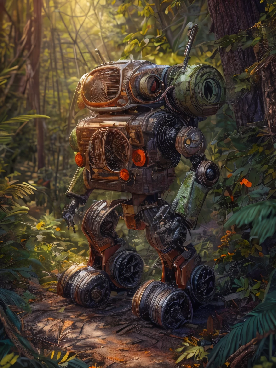 (La best quality,high resolution,super detailed,actual),dilapidated abandoned robot，in the forest，covered with plants，The sun shines on the robot（ （（sunrise））），light warm（ （（A masterpiece full of sunshine elements）））， （（best quality））， （（intricate details））（8k）