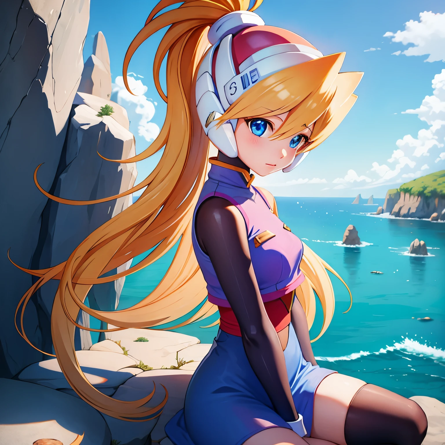 ciel_megamanz, 1girl, solo, long hair, blue eyes, blonde hair, ponytail, headgear, masterpiece, high quality, overlooking the ocean on the edge of a rock, in the style of avian-themed, realistic yet stylized, villagecore, azure, orange and azure, dragoncore, aerial view