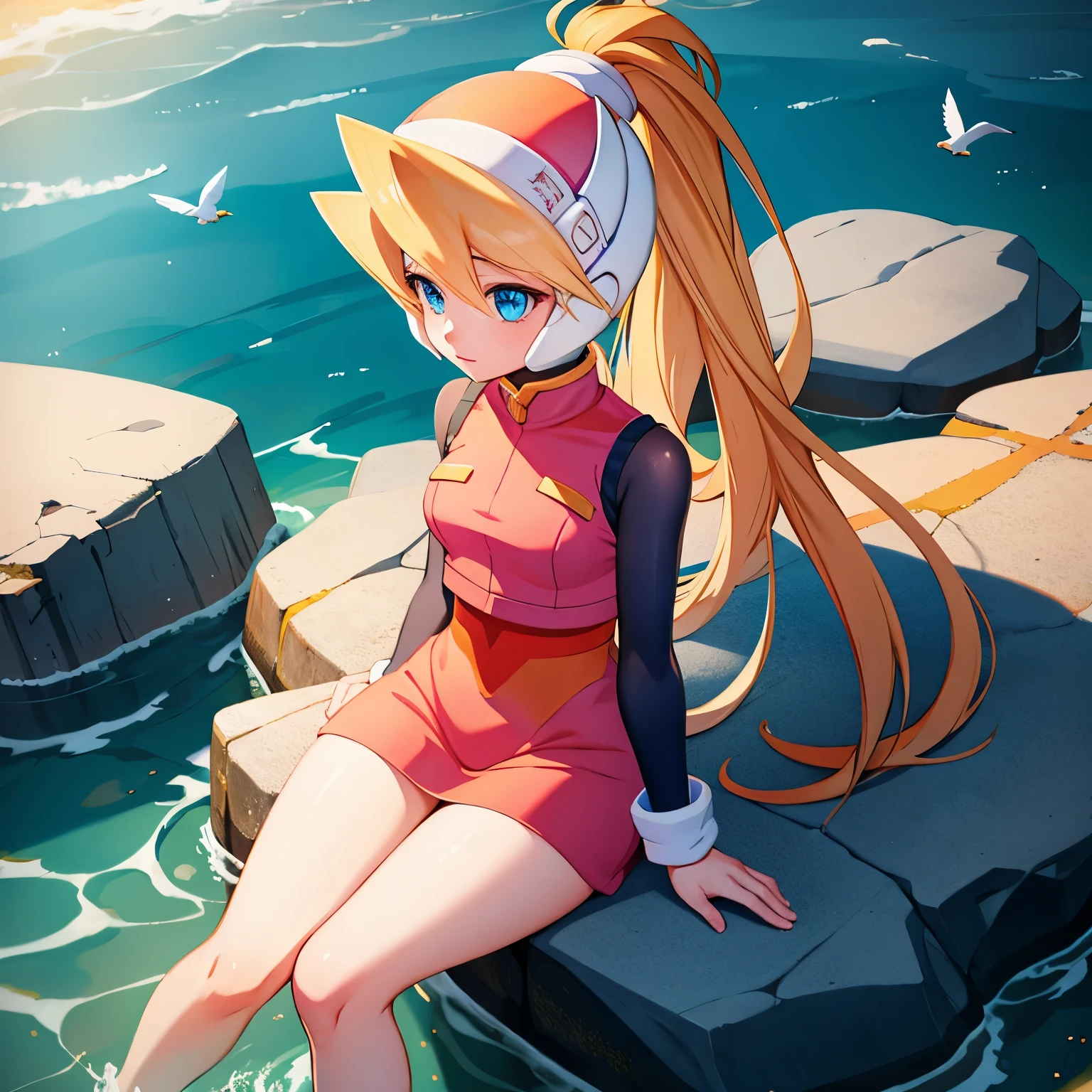 ciel_megamanz, 1girl, solo, long hair, blue eyes, blonde hair, ponytail, headgear, masterpiece, high quality, overlooking the ocean on the edge of a rock, in the style of avian-themed, realistic yet stylized, villagecore, azure, orange and azure, dragoncore, aerial view