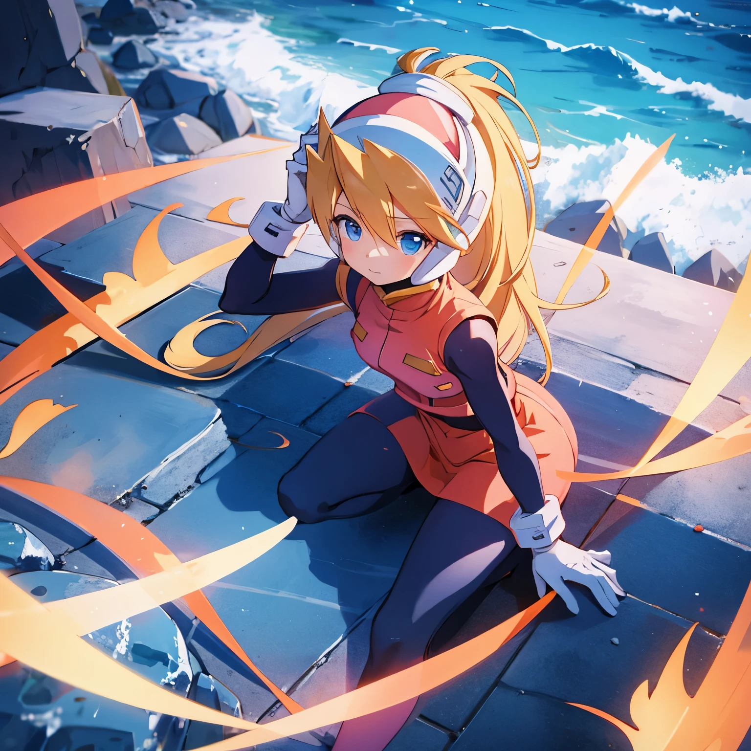 ciel_megamanz, 1girl, solo, long hair, blue eyes, blonde hair, ponytail, headgear, masterpiece, high quality, overlooking the ocean on the edge of a rock, in the style of avian-themed, realistic yet stylized, villagecore, azure, orange and azure, dragoncore, aerial view