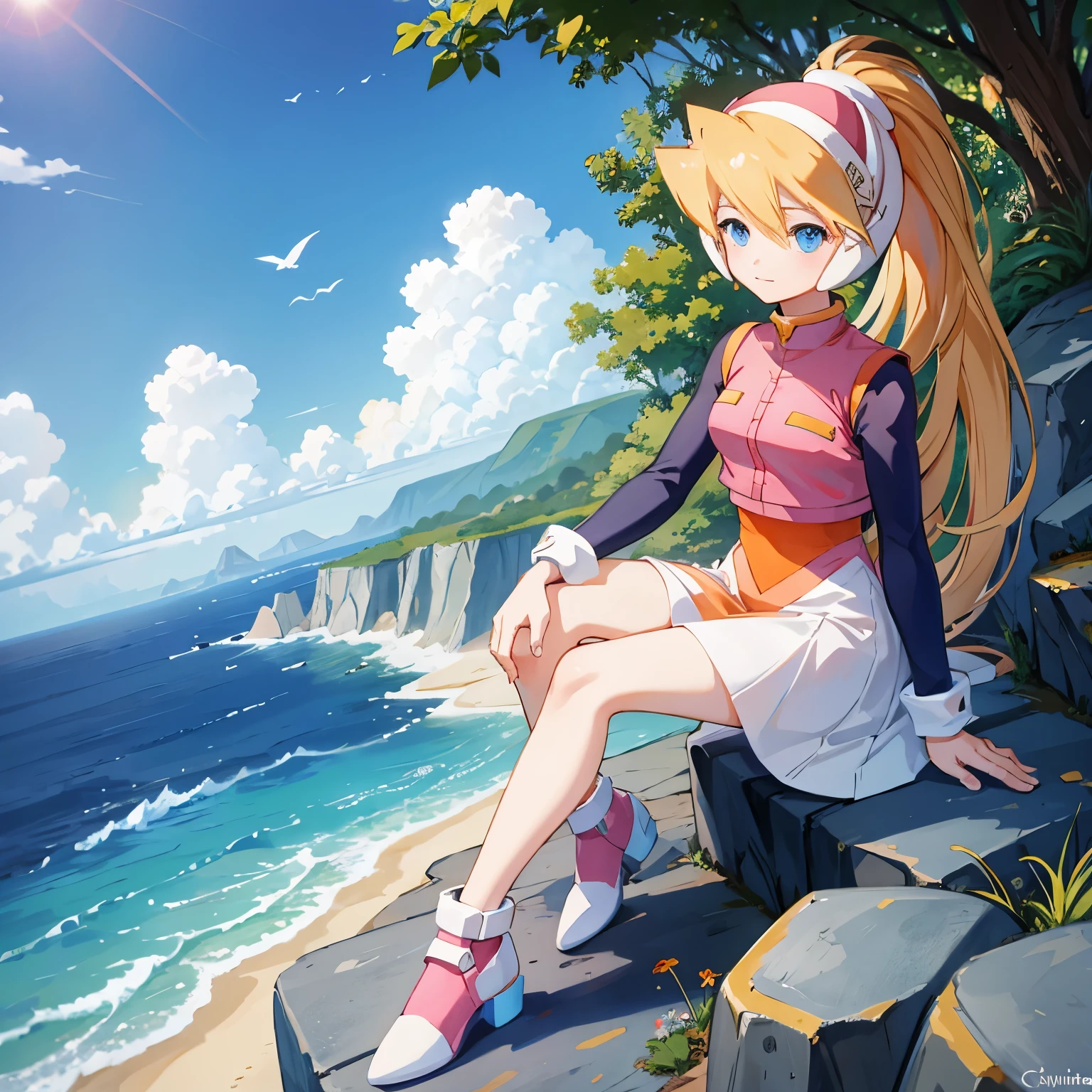 ciel_megamanz, 1girl, solo, long hair, blue eyes, blonde hair, ponytail, headgear, masterpiece, high quality, overlooking the ocean on the edge of a rock, in the style of avian-themed, realistic yet stylized, villagecore, azure, orange and azure, dragoncore, aerial view