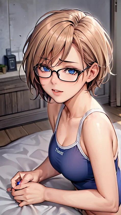 girl in competitive swimsuit、whole body、Bedroom、blonde、short cut hair、blue eyes、red glasses、lie down and seduce me
