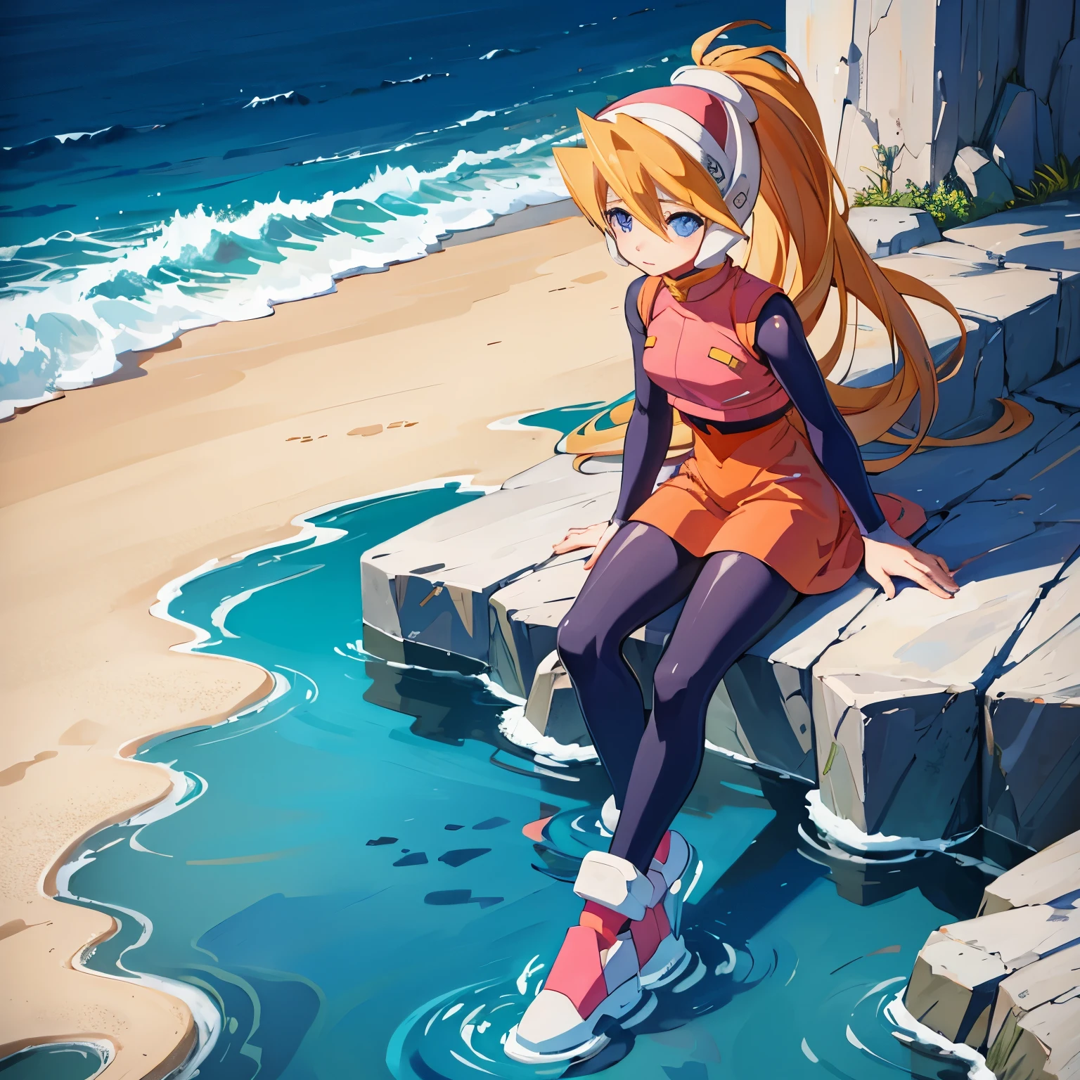 ciel_megamanz, 1girl, solo, long hair, blue eyes, blonde hair, ponytail, headgear, masterpiece, high quality, overlooking the ocean on the edge of a rock, in the style of avian-themed, realistic yet stylized, villagecore, azure, orange and azure, dragoncore, aerial view