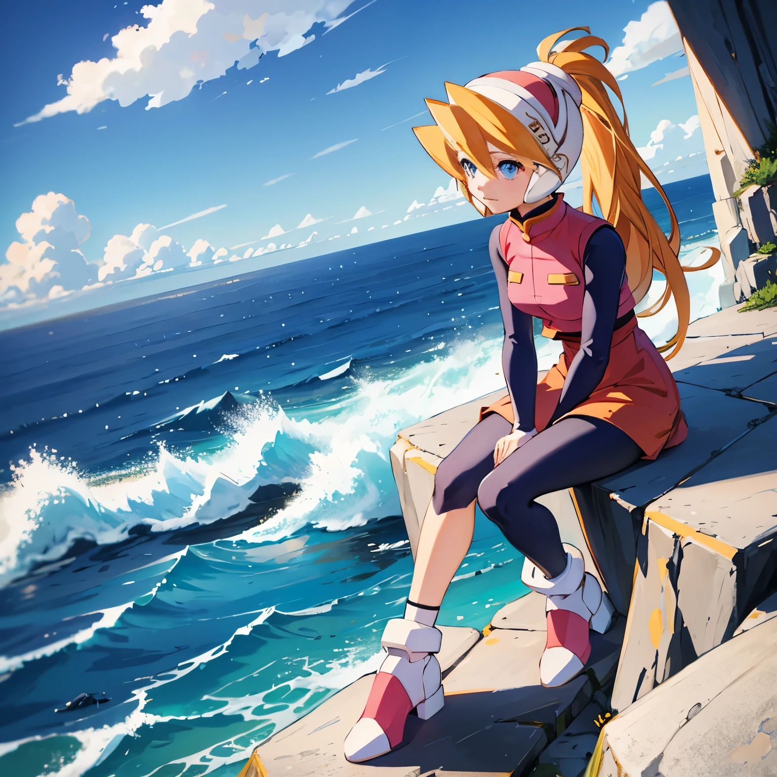 ciel_megamanz, 1girl, solo, long hair, blue eyes, blonde hair, ponytail, headgear, masterpiece, high quality, overlooking the ocean on the edge of a rock, in the style of avian-themed, realistic yet stylized, villagecore, azure, orange and azure, dragoncore, aerial view