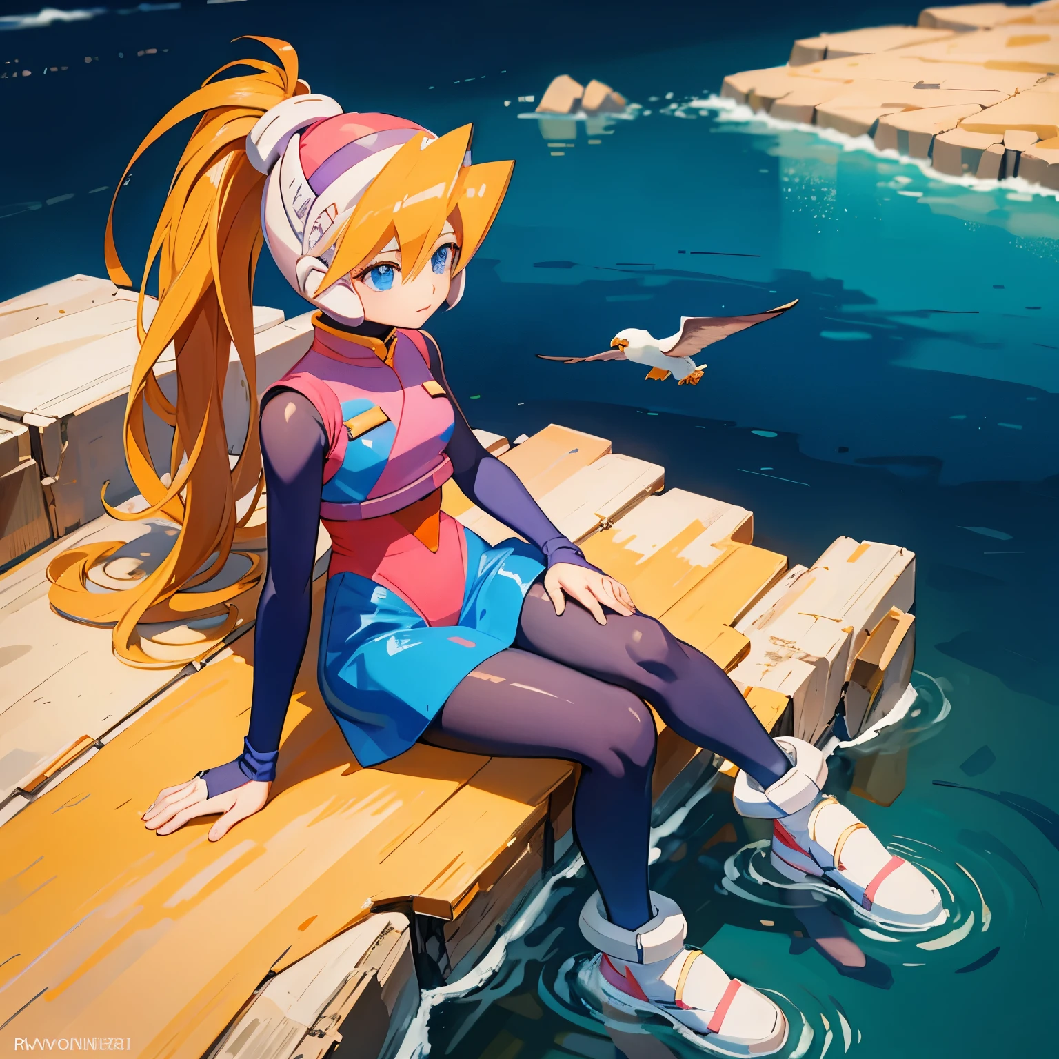 ciel_megamanz, 1girl, solo, long hair, blue eyes, blonde hair, ponytail, headgear, masterpiece, high quality, overlooking the ocean on the edge of a rock, in the style of avian-themed, realistic yet stylized, villagecore, azure, orange and azure, dragoncore, aerial view