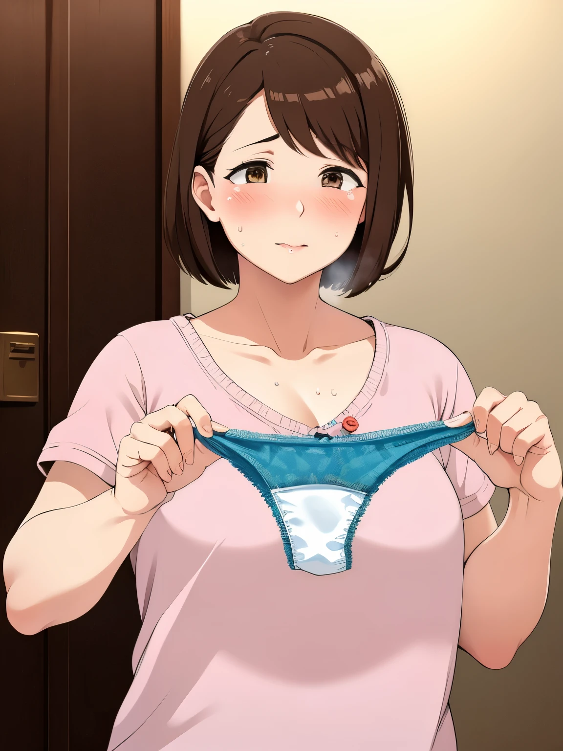 A woman in a pink shirt holding a blue underwear - SeaArt AI