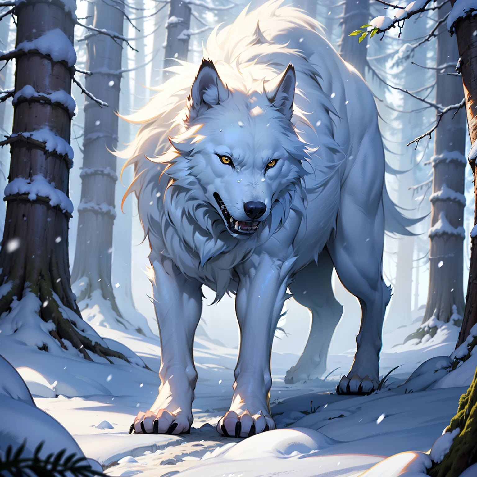 Slender and thin white wolf, Image of snow wolf in ice pine forest, Large and beautiful ice forest, white wolf, Falling snow, realistic images, ultra high definition, Effect, Details are everywhere