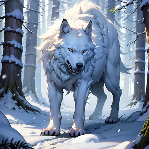 Slender and thin white wolf, Image of snow wolf in ice pine forest, Large and beautiful ice forest, white wolf, Falling snow, re...