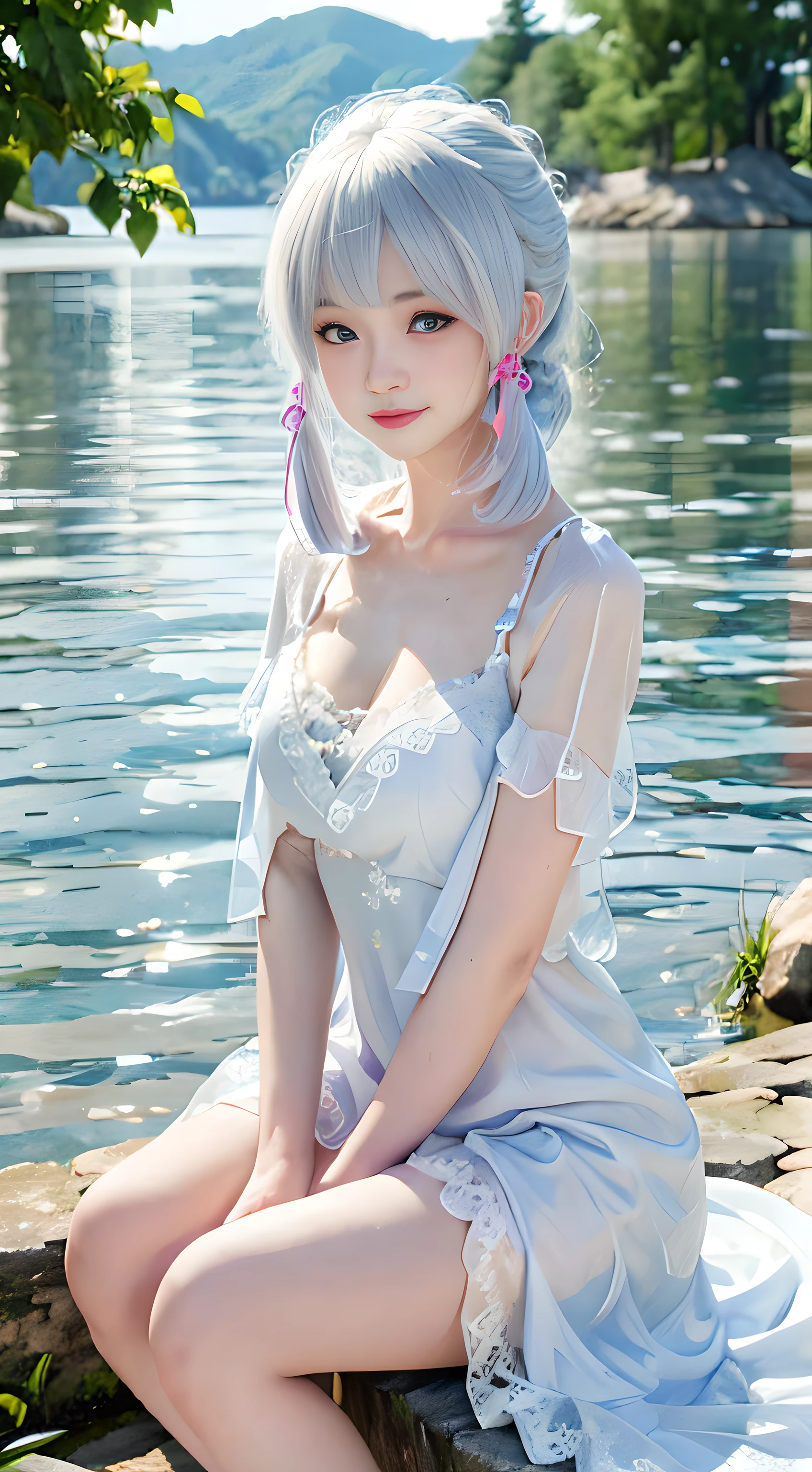 fragrance, wet, soak, (best quality,4k,8k,high resolution,masterpiece:1.2),Super detailed,(actual,realistically,realistically:1.37), white hair, huge title blue eyes, White lace nightdress，Pink，moisture，Sitting on a stone by the lake，face camera， water droplets, sparkling skin，covered in sweat，There is an unknown  on the body，a happy expression