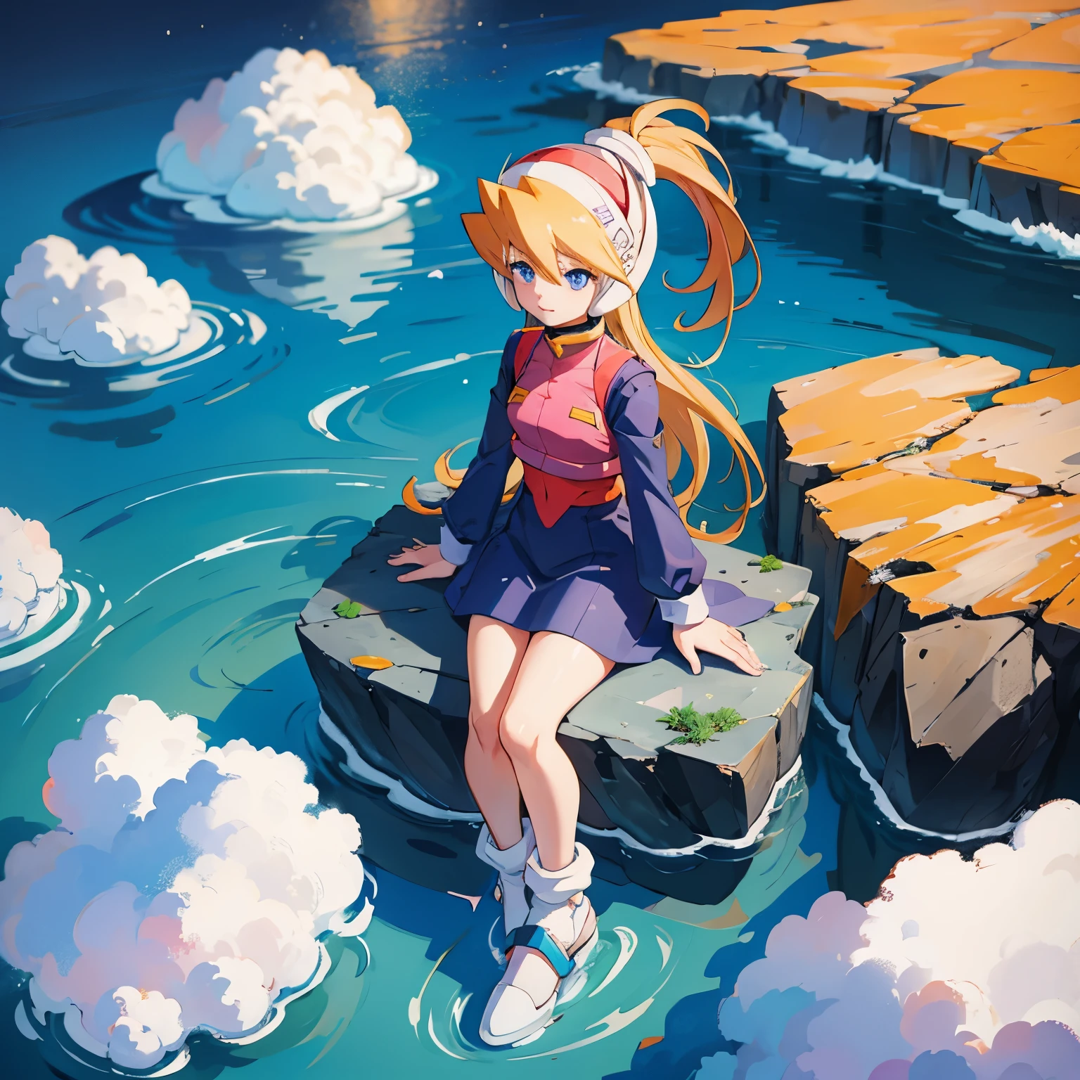 ciel_megamanz, 1girl, solo, long hair, blue eyes, blonde hair, ponytail, headgear, masterpiece, high quality, overlooking the ocean on the edge of a rock, in the style of avian-themed, realistic yet stylized, villagecore, azure, orange and azure, dragoncore, aerial view