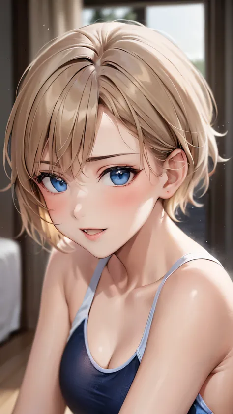 girl in competitive swimsuit、whole body、Bedroom、blonde、short cut hair、blue eyes、lie down and seduce me