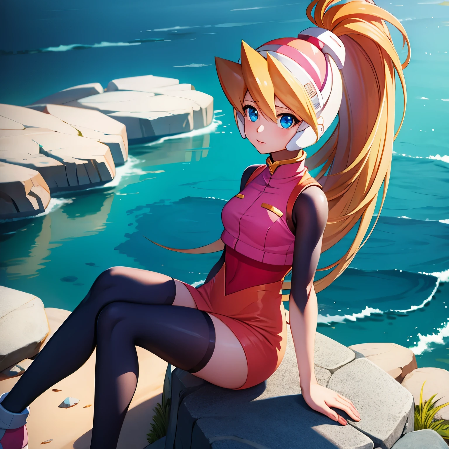 ciel_megamanz, 1girl, solo, long hair, blue eyes, blonde hair, ponytail, headgear, masterpiece, high quality, overlooking the ocean on the edge of a rock, in the style of avian-themed, realistic yet stylized, villagecore, azure, orange and azure, dragoncore, aerial view