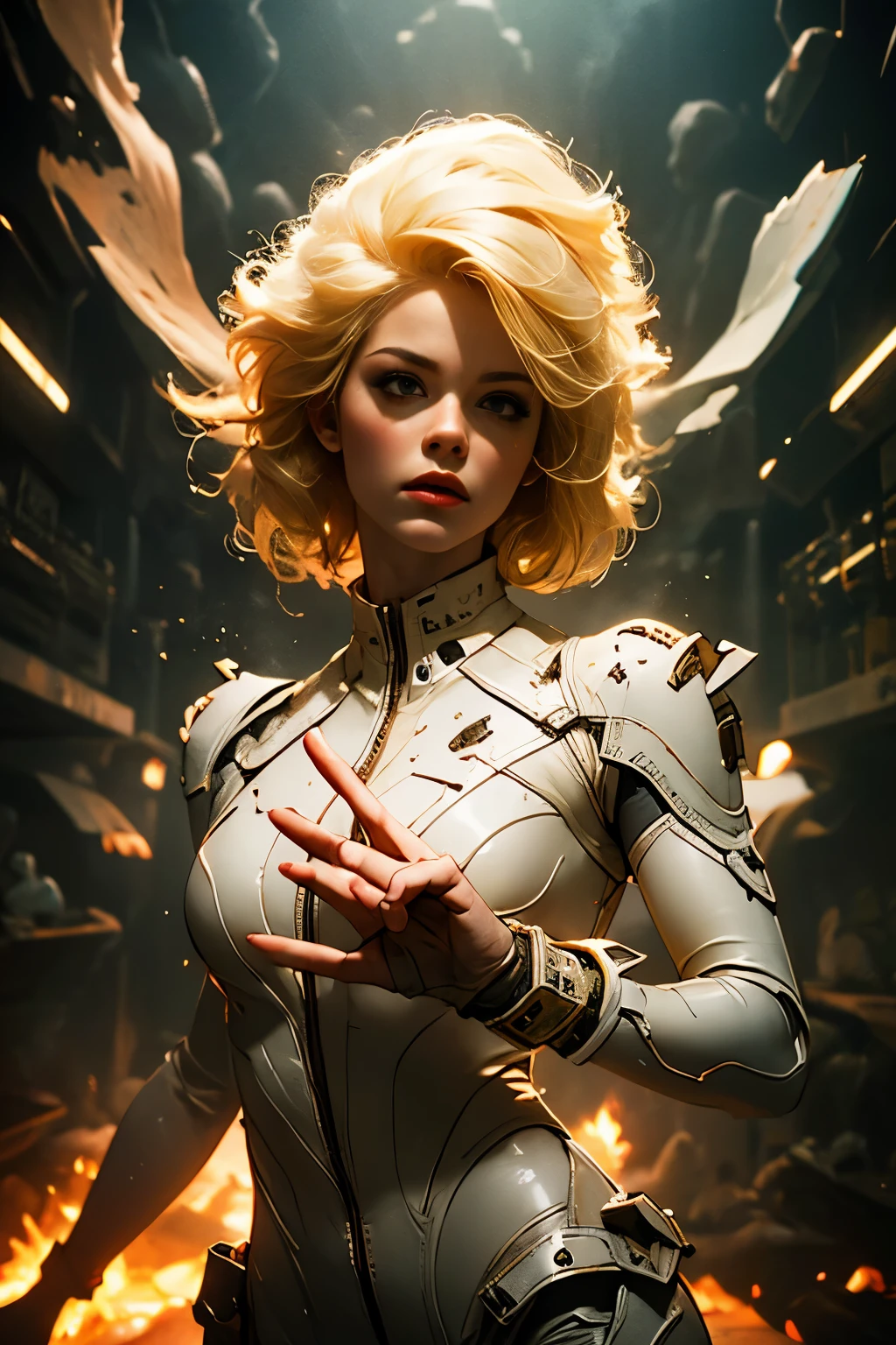 A devastated city in joëlle Jones style,(extremely detailed 8k wallpaper),((accurate details)),(fantasy realism),nordic,18 yo,blond hair,detailed gorgeous face,big  grey eyes,wearing-a-random-color-sci-fi-pilot-bodysuit,intricate-gear-on-chest,gloves, amazing alien  helmet,(amazing weaponry),((accurate female anatomy)),(uncensored),skin  slightly glistening ,intricate texture,perfect hands,accurate hands,perfect fingers,accurate fingers gestures,high military boots,(ripped clothes:1.2),dirty body:1.4,((steam sources:1.4)),absurdness,after battle debris and destruction,airborne particles,good rays,awarded paint,amazing sky,nsfw for mature and suggestive themes,magazine cover,((amazing epic background)),heavy metal magazine art,(epic sci-fi fantasy masterpiece),Barbarella vibes,amazing creatures, amazing render