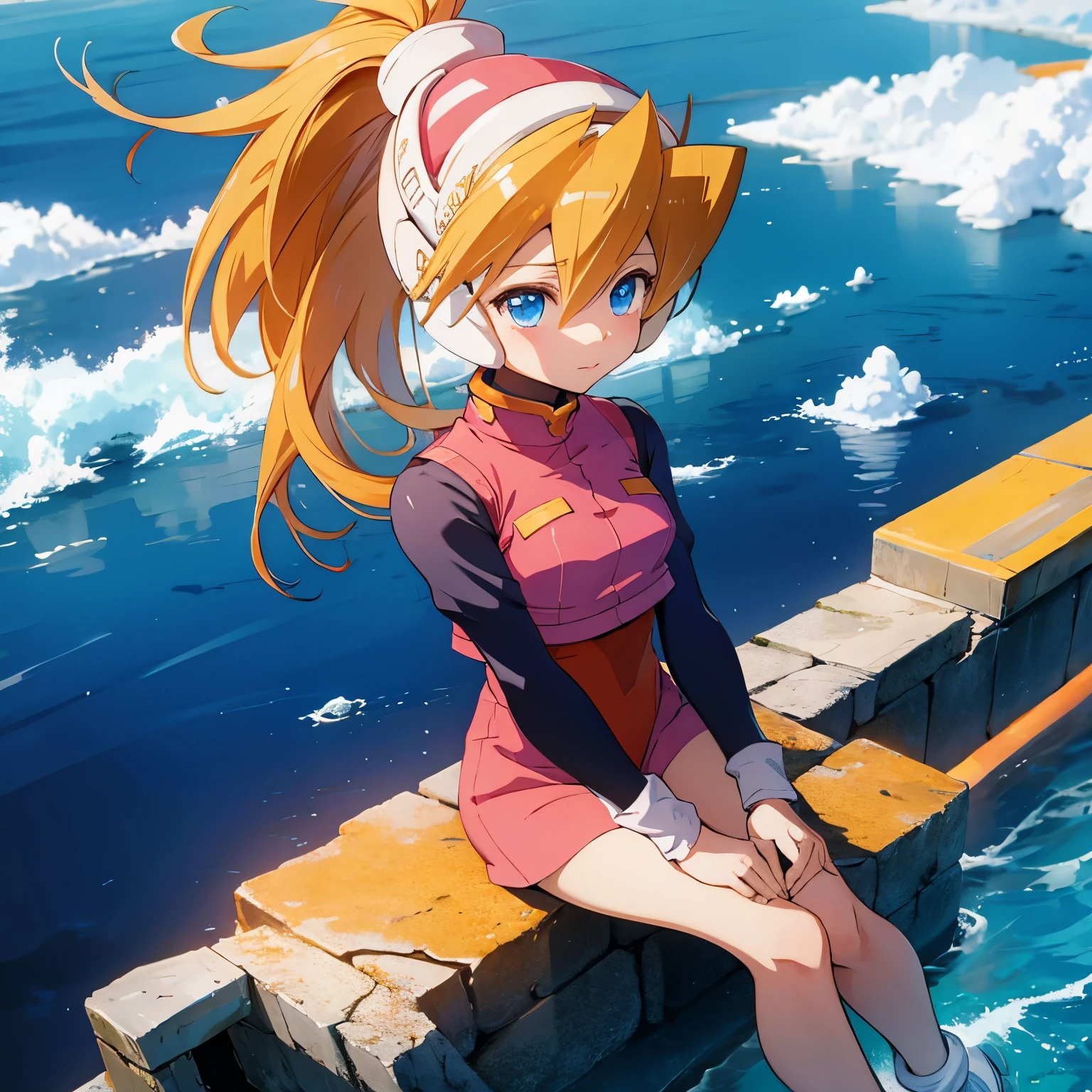 ciel_megamanz, 1girl, solo, long hair, blue eyes, blonde hair, ponytail, headgear, masterpiece, high quality, overlooking the ocean on the edge of a rock, in the style of avian-themed, realistic yet stylized, villagecore, azure, orange and azure, dragoncore, aerial view