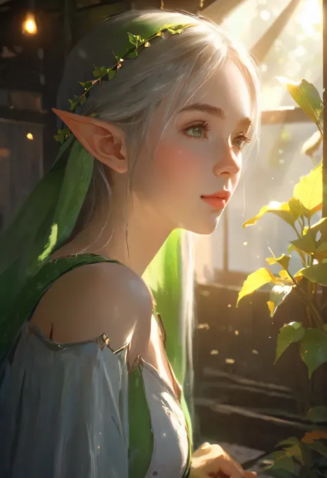 cute elf girl huddled in a dim hut，beautiful and delicate face，strong sunlight shines on her through the skylight，tyndall effect...